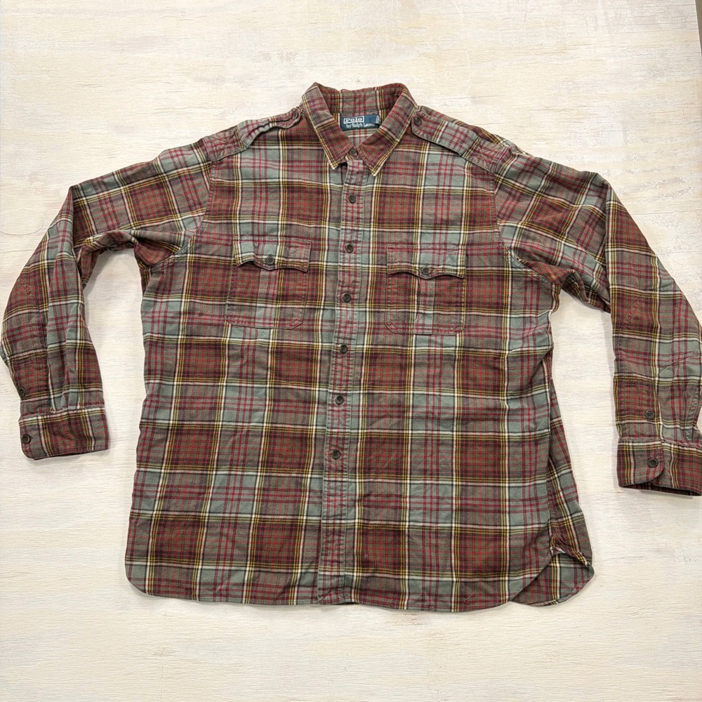 Polo Ralph Lauren Button Down Shirt XXL Plaid Flannel Epaulets Red Green Mens
